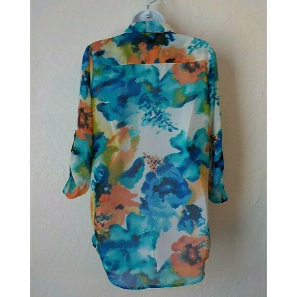Sunny Leigh Women Small Shirt Floral Sheer Chiffon Jewel Button Multicolor Tunic - Picture 3 of 9